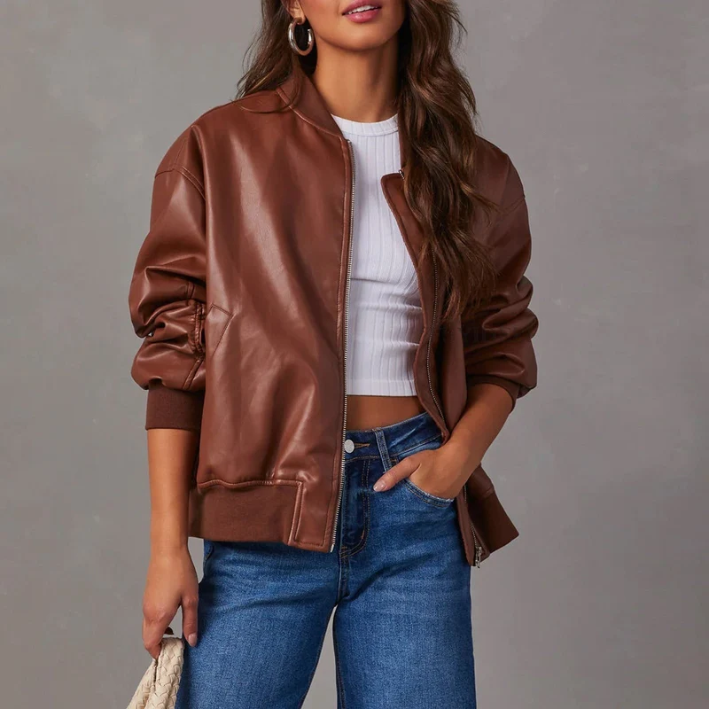 Wiselle | Lässige Bikerjacke im Baseball-Stil aus Leder