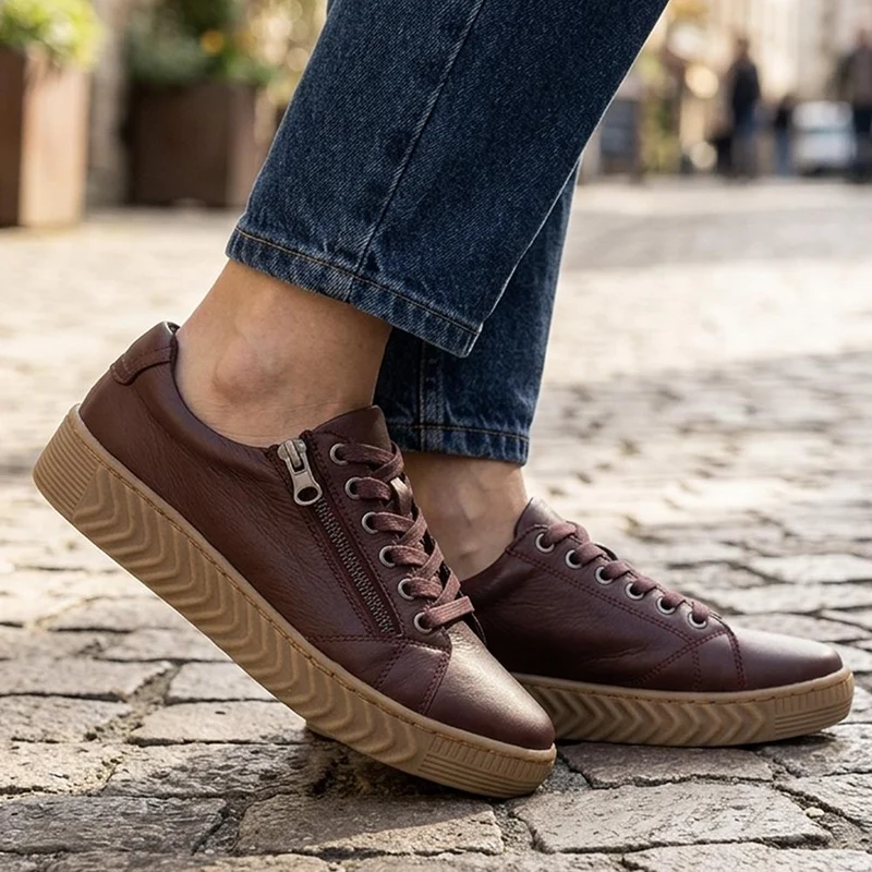 Wide Fit Leather Breathable Platform Trainers - BRK43000 / 328 558 - Burgundy