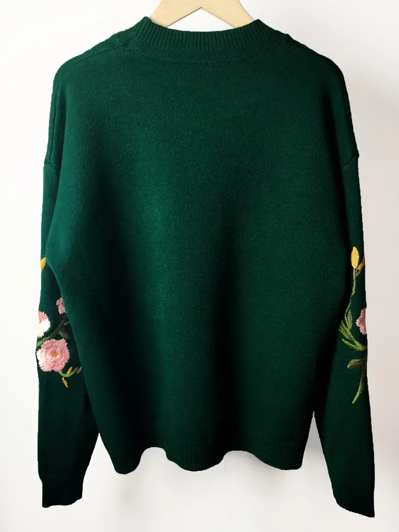 Greni | Gemütlicher Crew-Pullover mit Blumenstickerei und Strickmuster