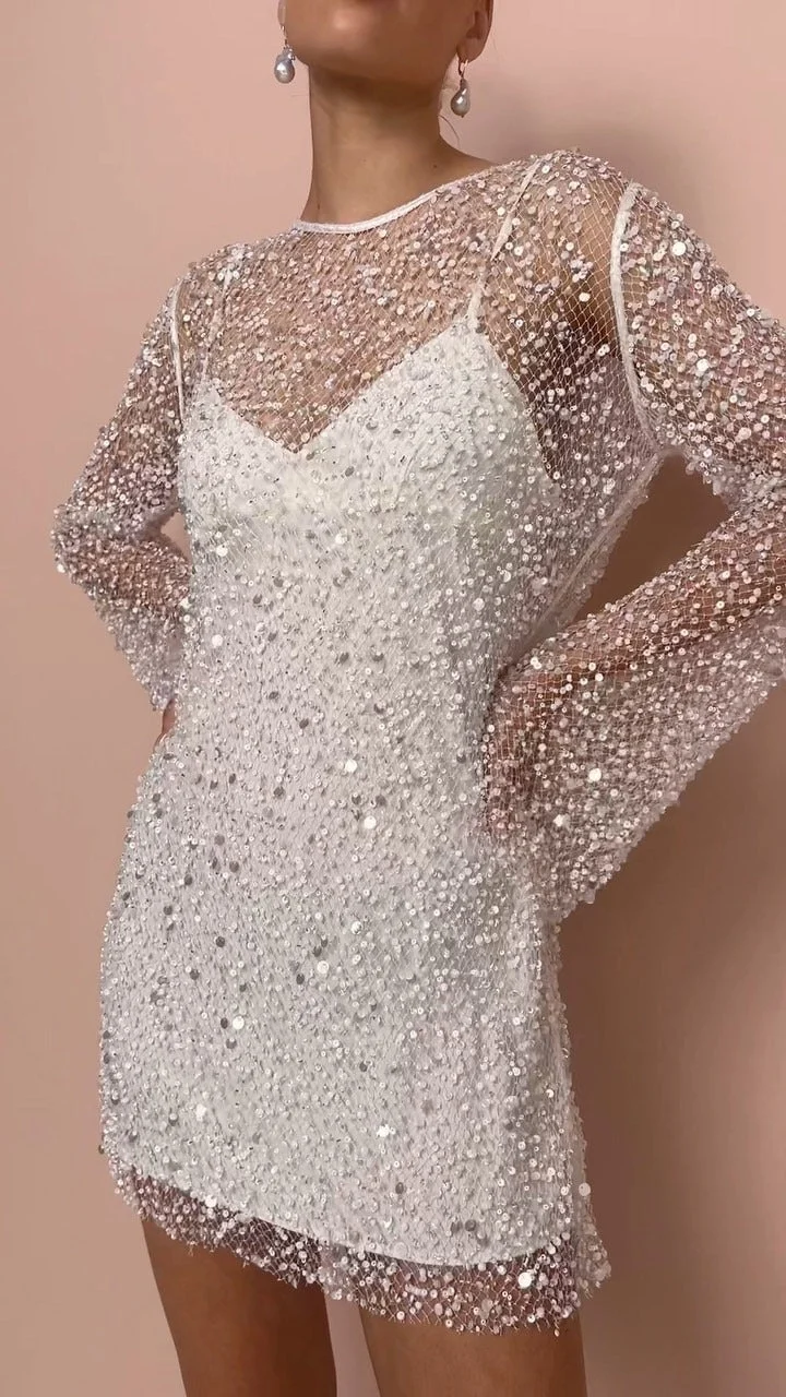 Stéphanie | Perlen See-through Mesh Zweiteiliges Set Sling Kleid