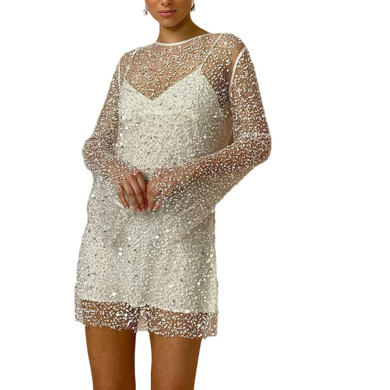Stéphanie | Perlen See-through Mesh Zweiteiliges Set Sling Kleid