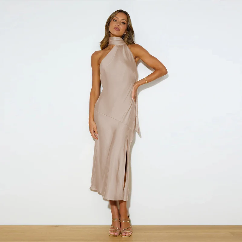 Océane | Frauen Satin Drapierung Split Hollow Dünn Elegantes Kleid