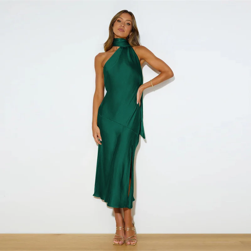 Océane | Frauen Satin Drapierung Split Hollow Dünn Elegantes Kleid