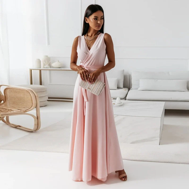 Paye | Damen einfarbig V-Ausschnitt Langes Kleid