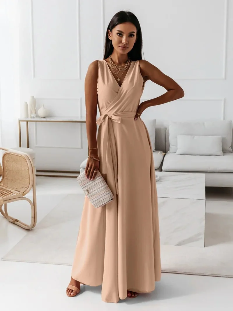 Paye | Damen einfarbig V-Ausschnitt Langes Kleid