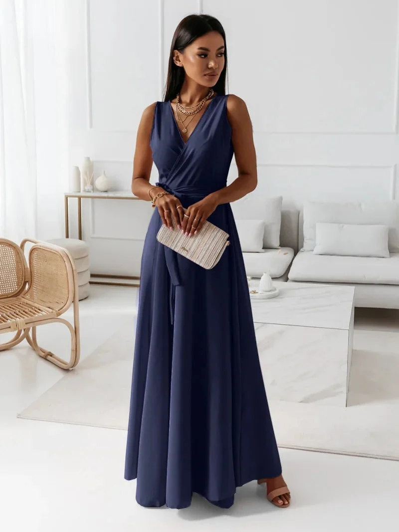 Paye | Damen einfarbig V-Ausschnitt Langes Kleid