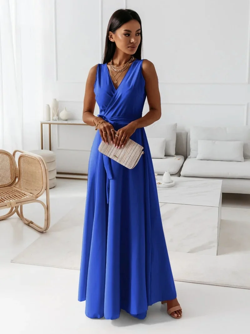 Paye | Damen einfarbig V-Ausschnitt Langes Kleid