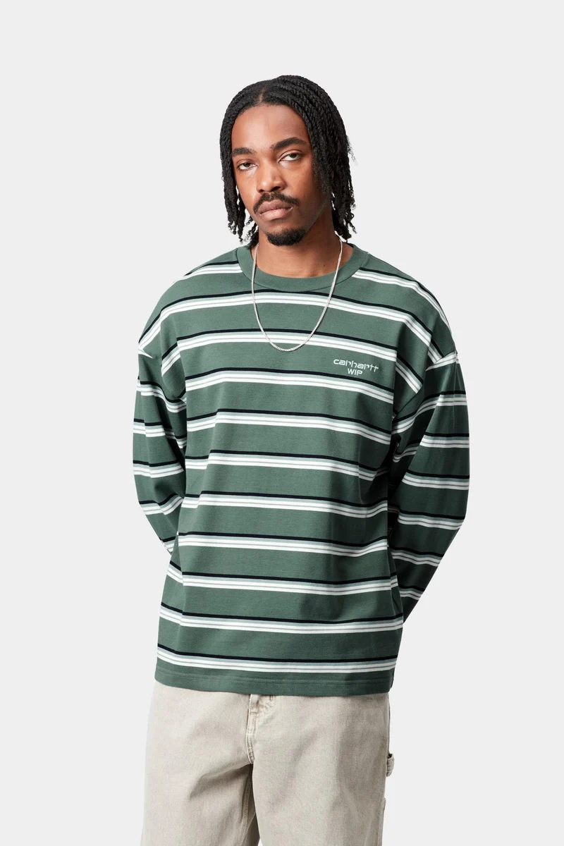 Carhartt WIP Herren Holm Stripe Langarm-T-Shirt | Silberne Kiefer