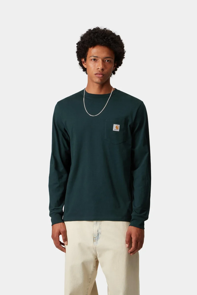 Carhartt WIP Herren Langarm-T-Shirt mit Tasche | Deep Lagoon