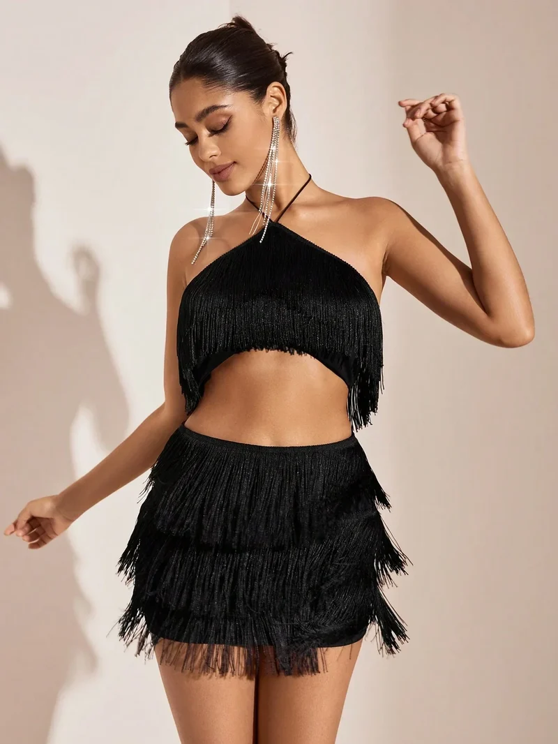 Lucille - Schwarzes Neckholder-Top und Rock-Set