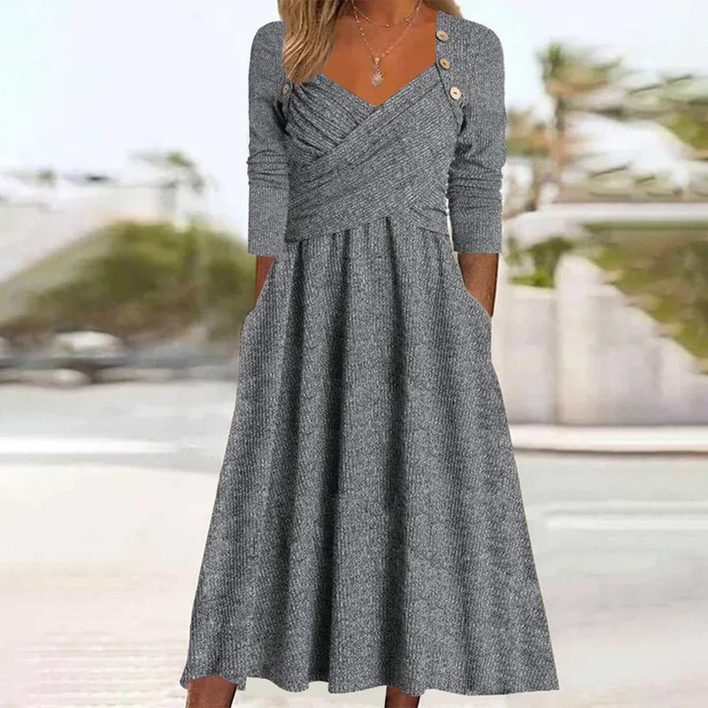 Venala | Graues Einfarbiges Midikleid Mit Seitentaschen