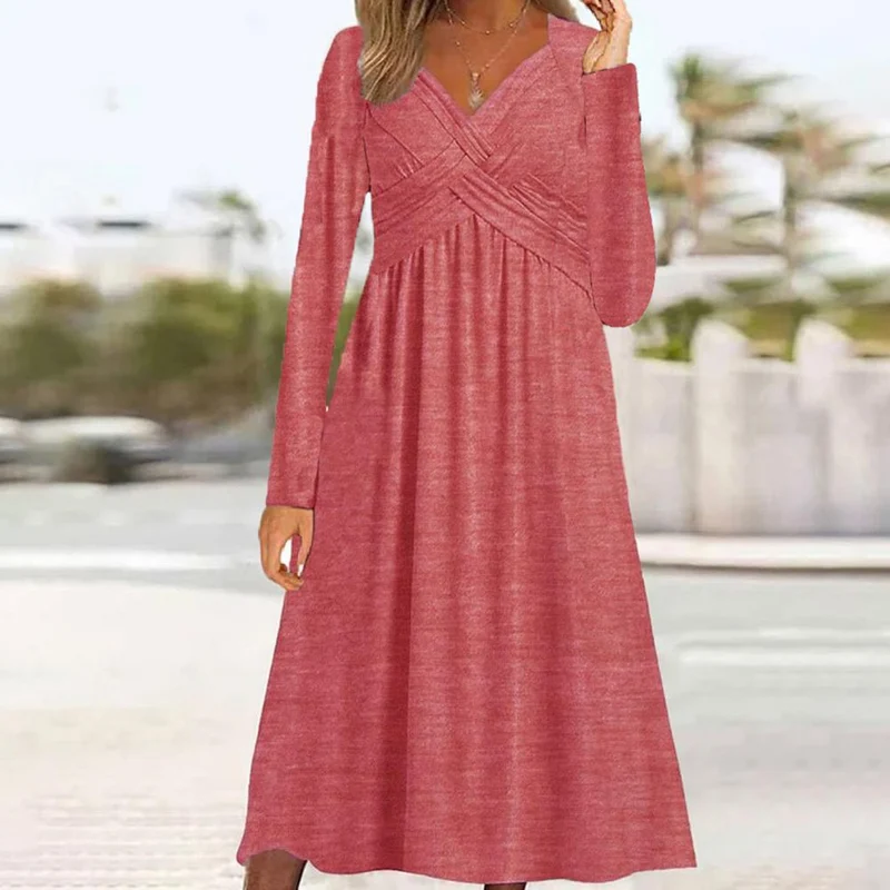 Venala | Graues Einfarbiges Midikleid Mit Seitentaschen