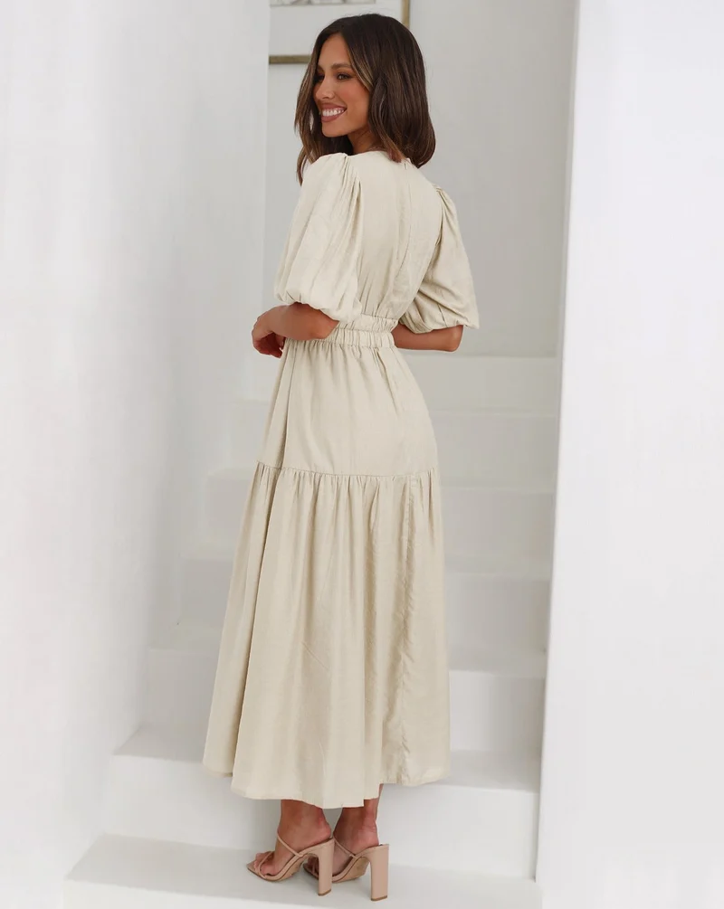 Elia- Kleid mit V-Ausschnitt und Puffärmeln