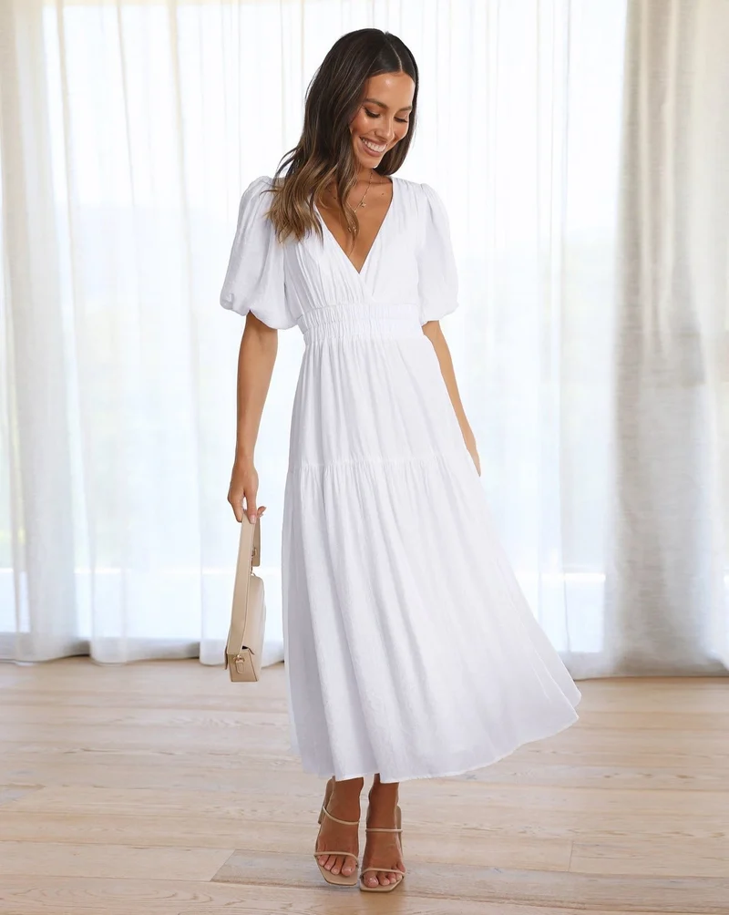 Elia- Kleid mit V-Ausschnitt und Puffärmeln