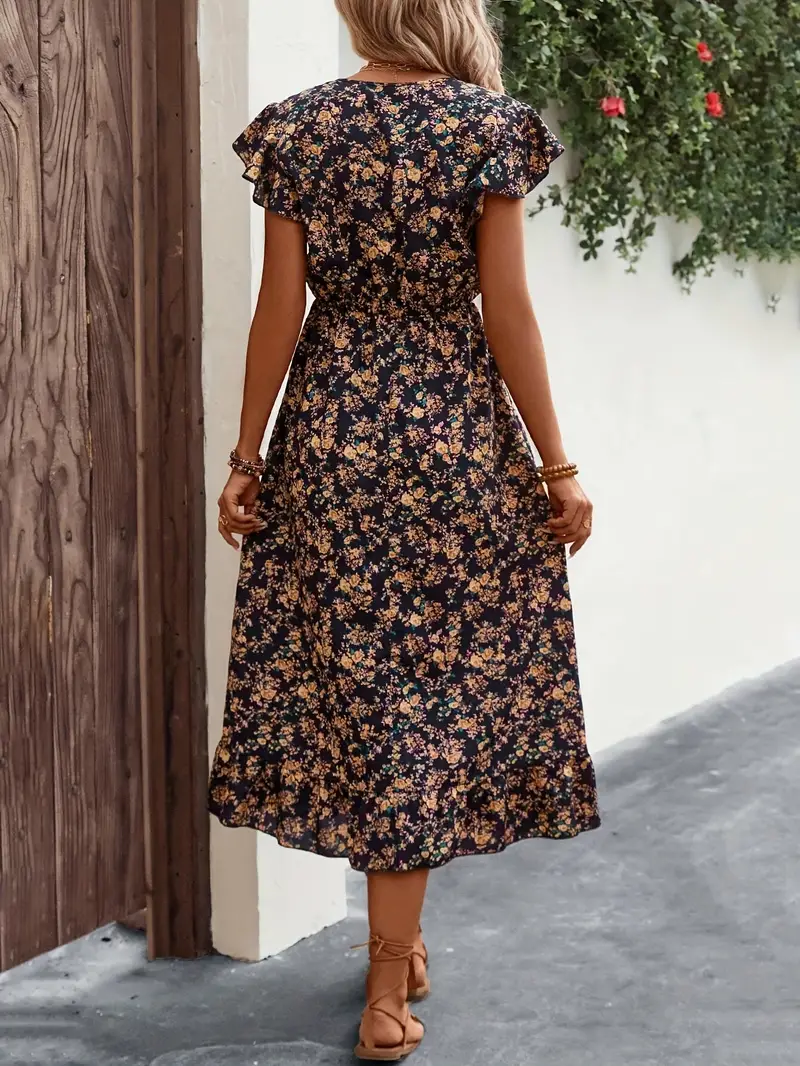 Marie - Elegant V-Neck Kleid mit Blumenmuster und Flatterärmeln
