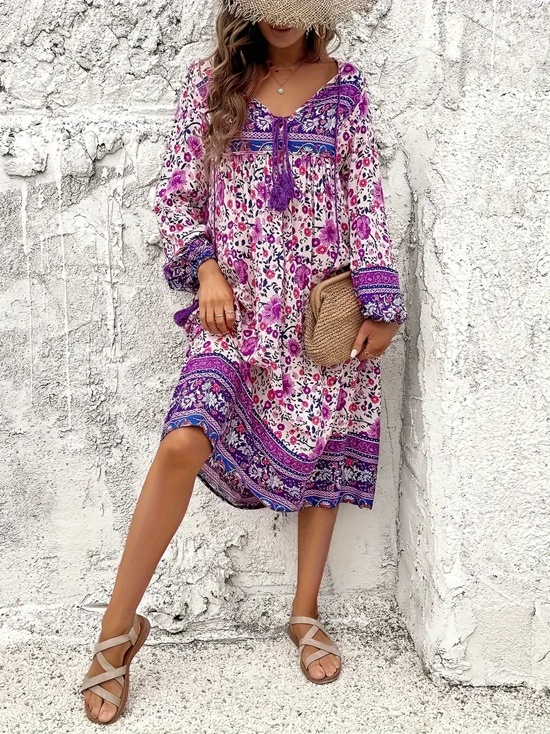 Saskia - Bequemes Kleid mit Blumenmuster und langen Ärmeln