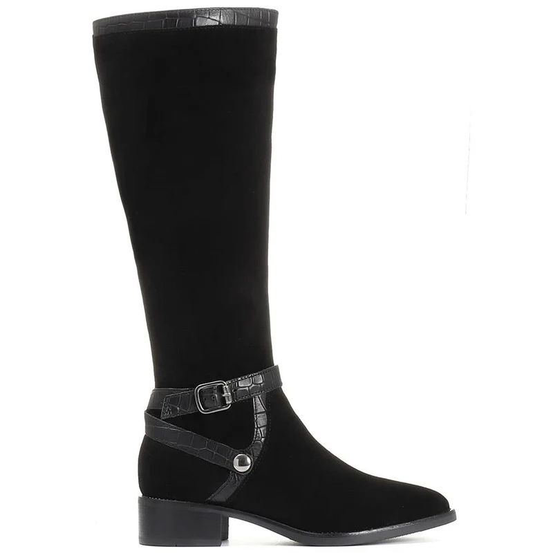 Leather Flat Pointed Riding Boot - CARM30520 / 316 579 - Black Suede