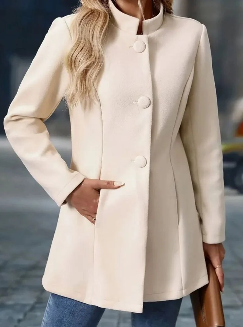 Greta | Damen Wintermantel mit Knöpfen Stehkragen eleganter langer Schnitt