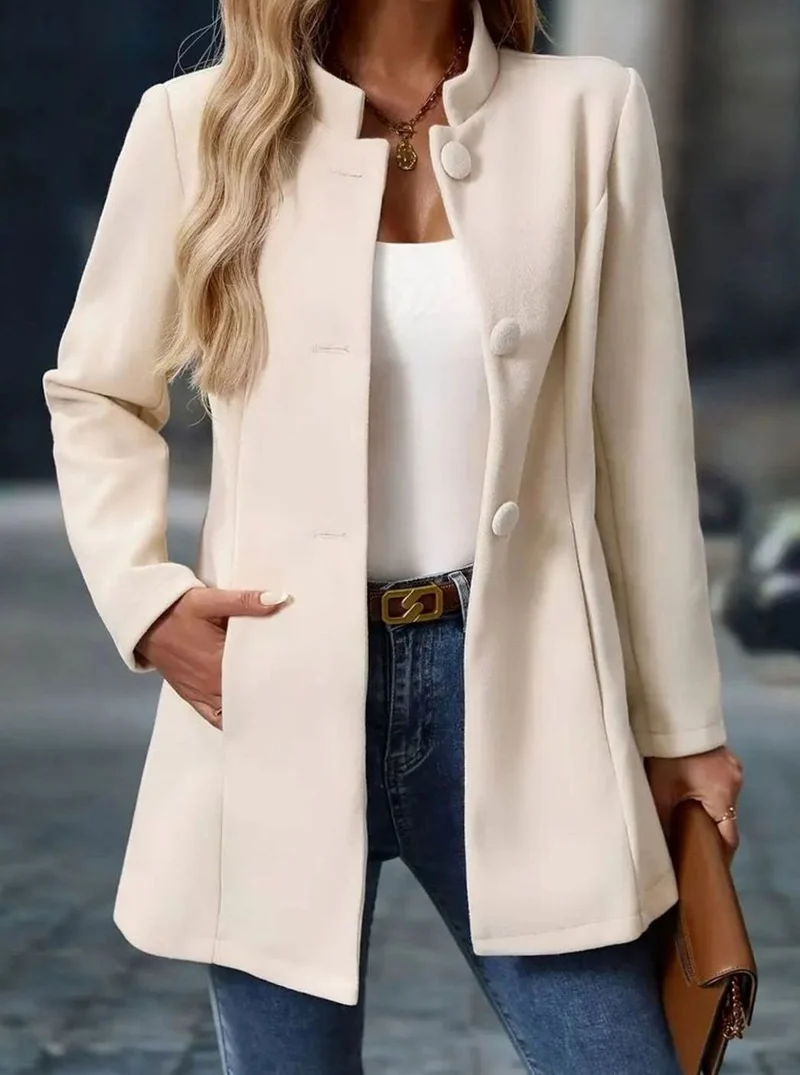 Greta | Damen Wintermantel mit Knöpfen Stehkragen eleganter langer Schnitt