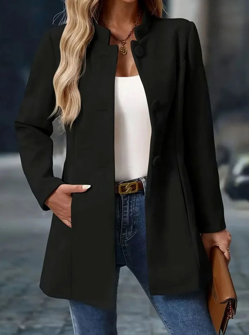 Greta | Damen Wintermantel mit Knöpfen Stehkragen eleganter langer Schnitt