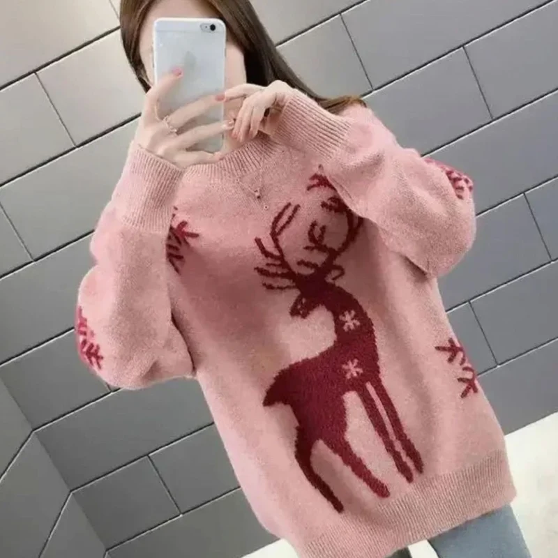 Marlene | Damen Weihnachtspullover mit Rentiermotiv Oversized Strickpullover