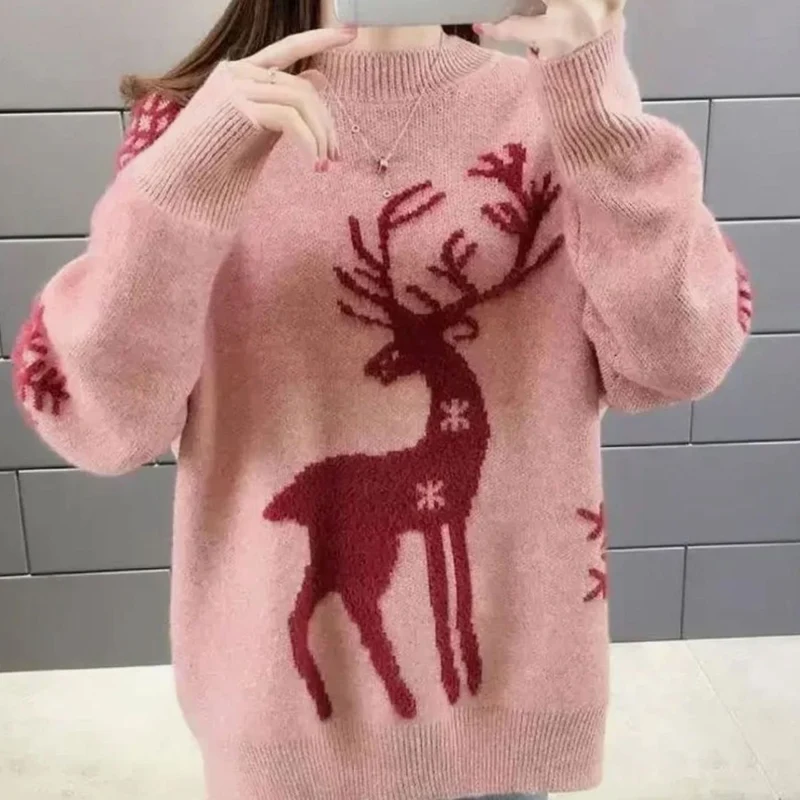 Marlene | Damen Weihnachtspullover mit Rentiermotiv Oversized Strickpullover