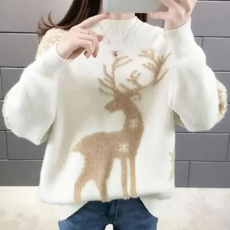 Marlene | Damen Weihnachtspullover mit Rentiermotiv Oversized Strickpullover