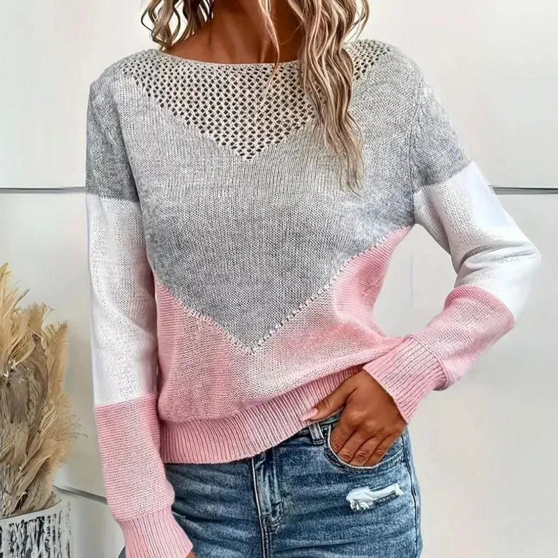 Frieda | Damen Locker Geschnittener Pullover Colorblock Strick Rundhals