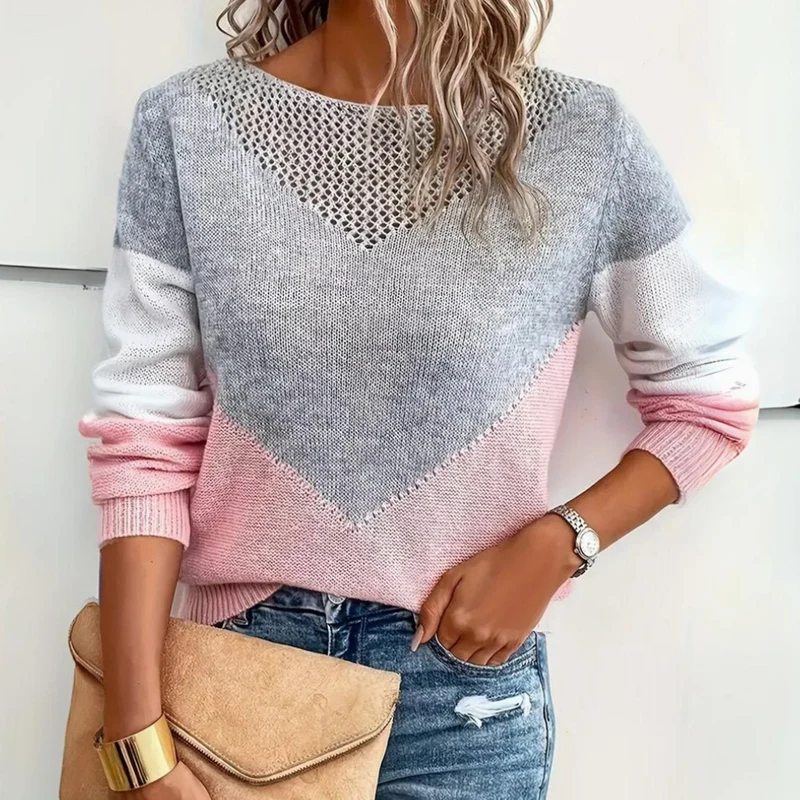 Frieda | Damen Locker Geschnittener Pullover Colorblock Strick Rundhals