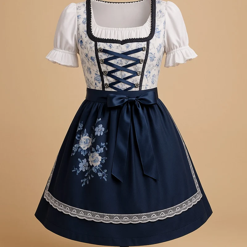Marie | Damen Oktoberfest Dirndl Kleid mit Blumenmuster Schnürung Schürze