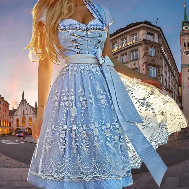 Johanna | Oktoberfest Dirndlkleid Damen Traditionell Hellblau Spitzenschürze