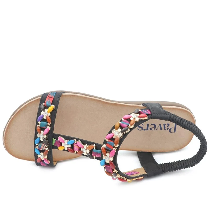 Elasticated Beaded Slip On Sandals - BAIZH43068 / 329 612 - Black