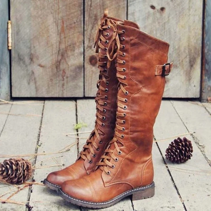 Emilia | Damen Kniehohe Schnürstiefel im Reitstil Profilsohle Wadenstiefel