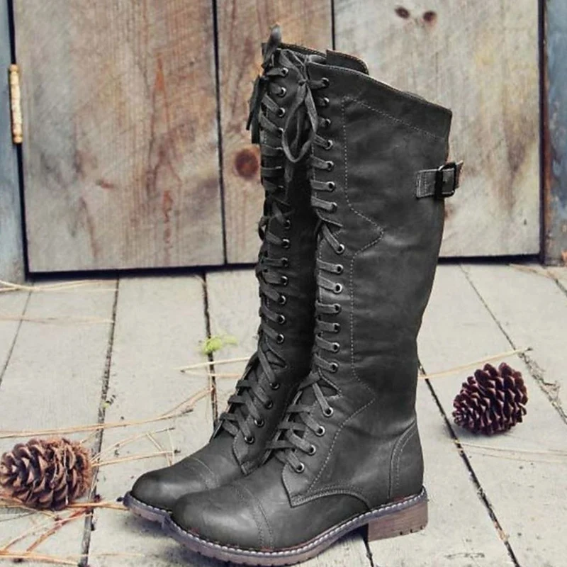 Emilia | Damen Kniehohe Schnürstiefel im Reitstil Profilsohle Wadenstiefel