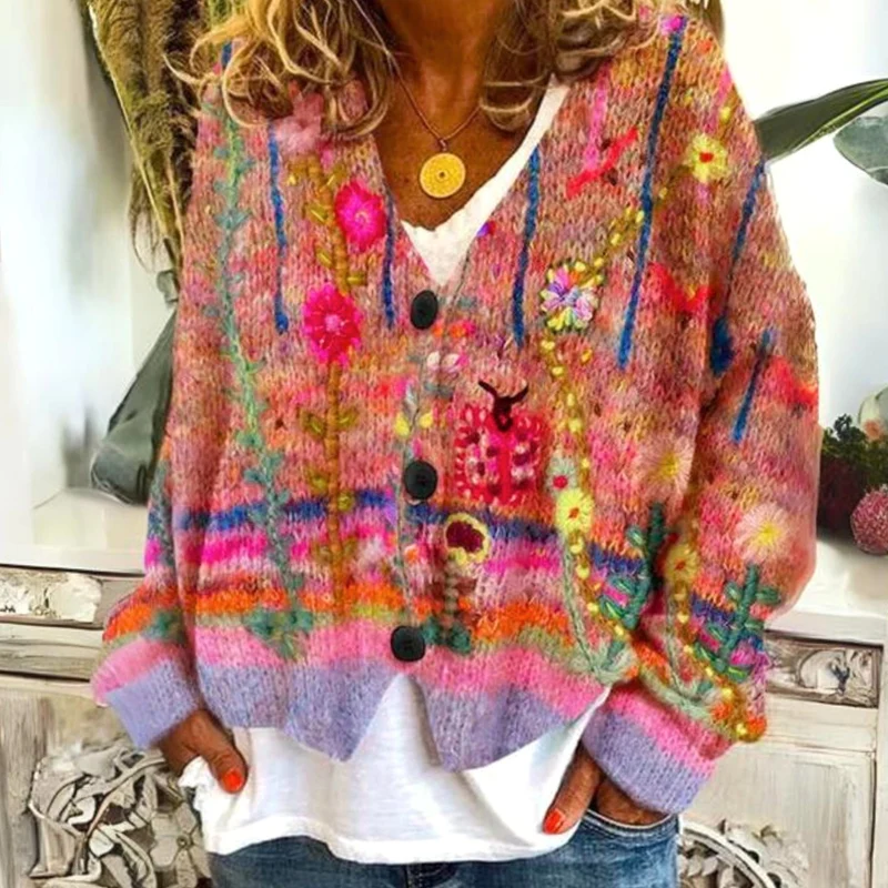 Mia | Damen farbenfroher Pullover Cardigan Bohème Strick V-Ausschnitt