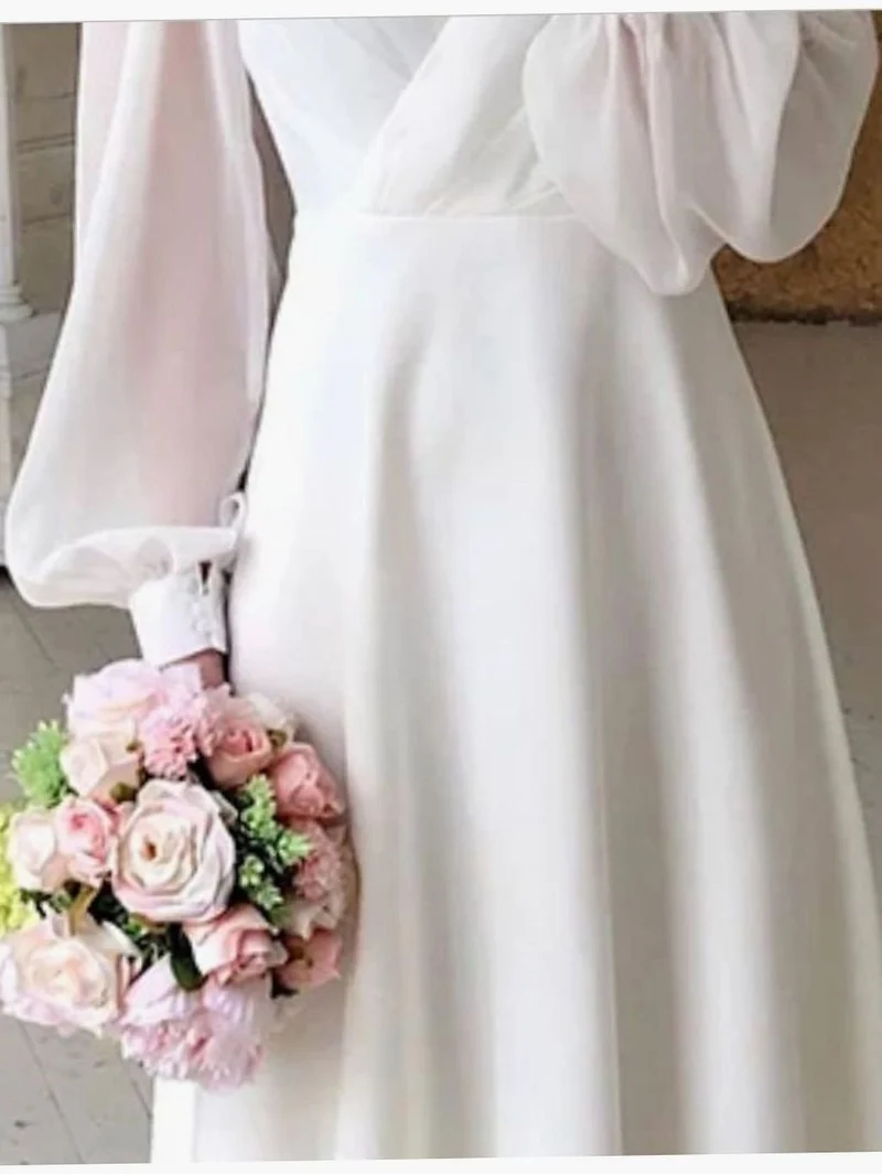 Sophie | Damen Langarm Fließendes Brautkleid V-Ausschnitt Midi Chiffon