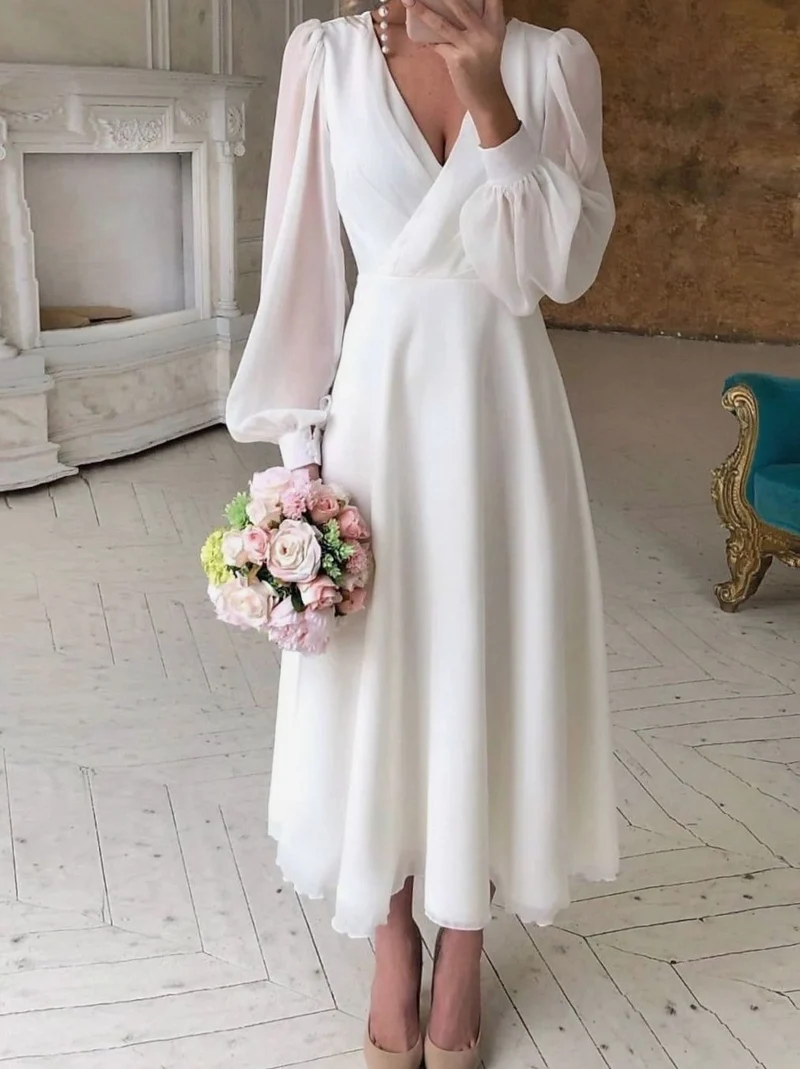 Sophie | Damen Langarm Fließendes Brautkleid V-Ausschnitt Midi Chiffon