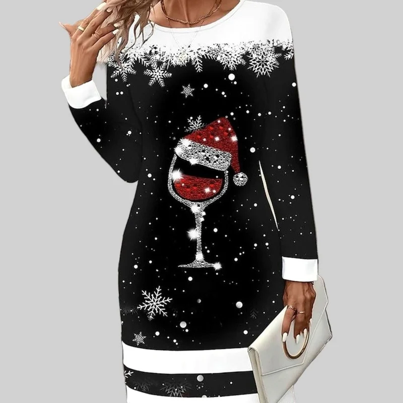 Elfriede | Damen Weihnachtskleid mit Weinglas und Weihnachtsmannmotiv Pulloverkleid