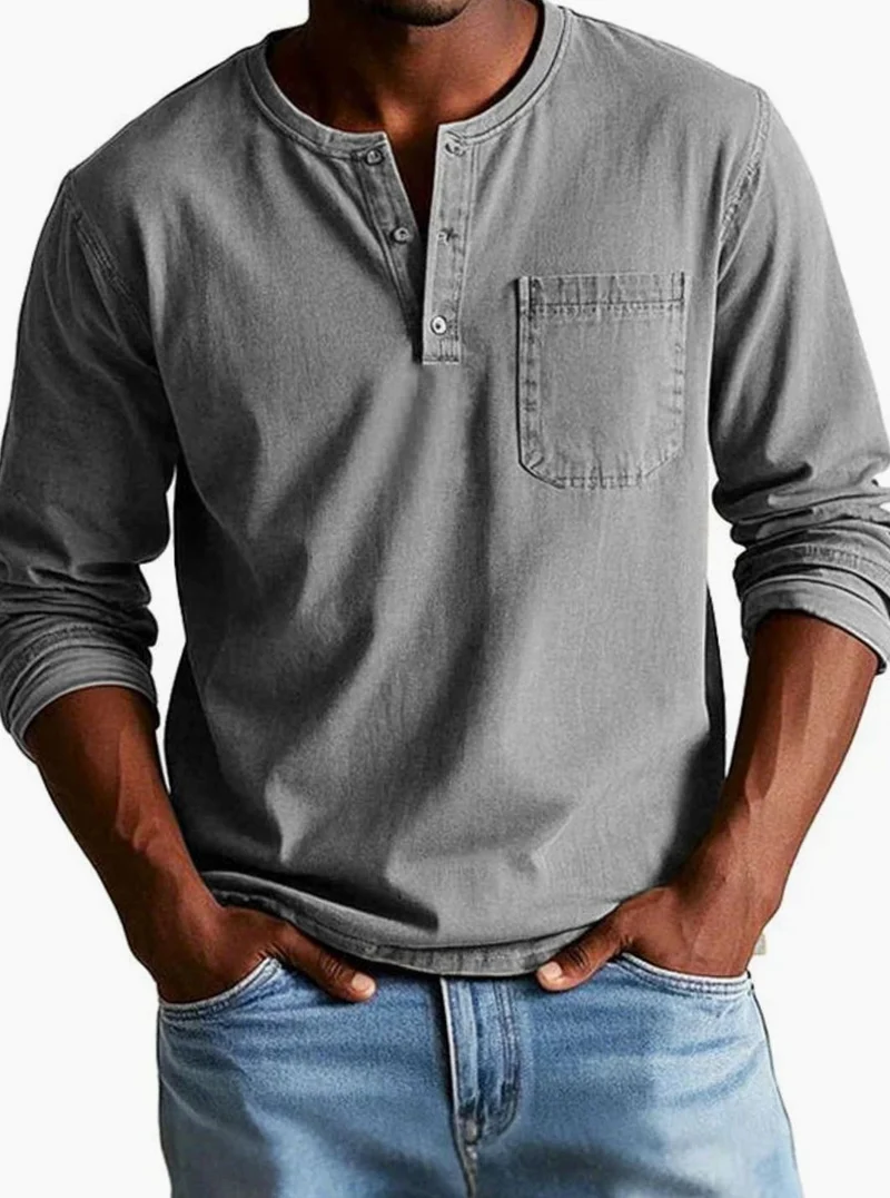 Felix | Herren Lässiges Langarm-Henleyshirt Lockere Passform Brusttasche