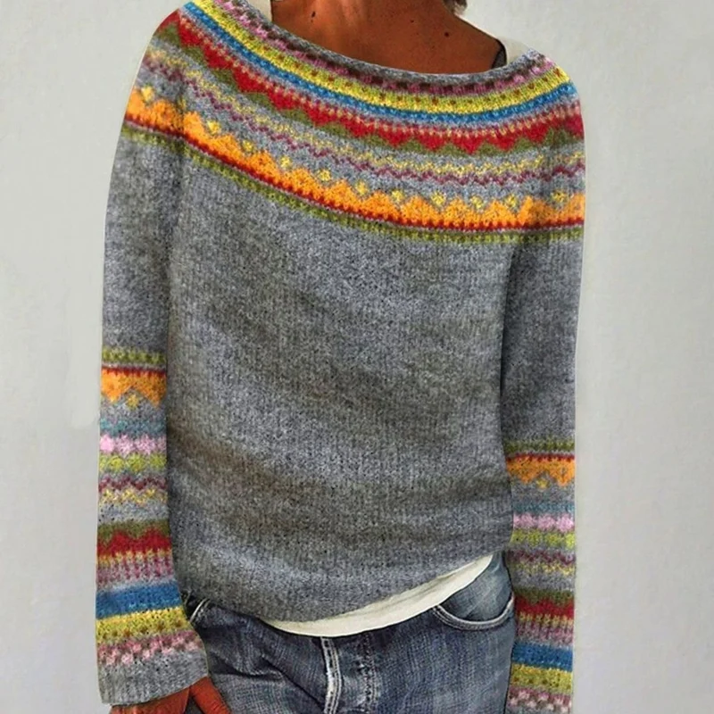 Hannah | Damen Strickpullover mit Buntem Muster für den Alltag Rundhalsausschnitt