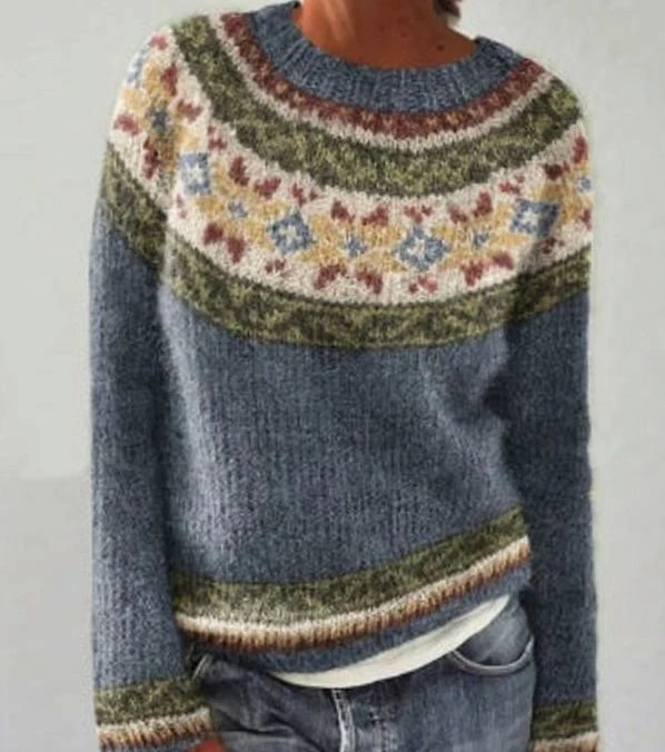 Hannah | Damen Strickpullover mit Buntem Muster für den Alltag Rundhalsausschnitt