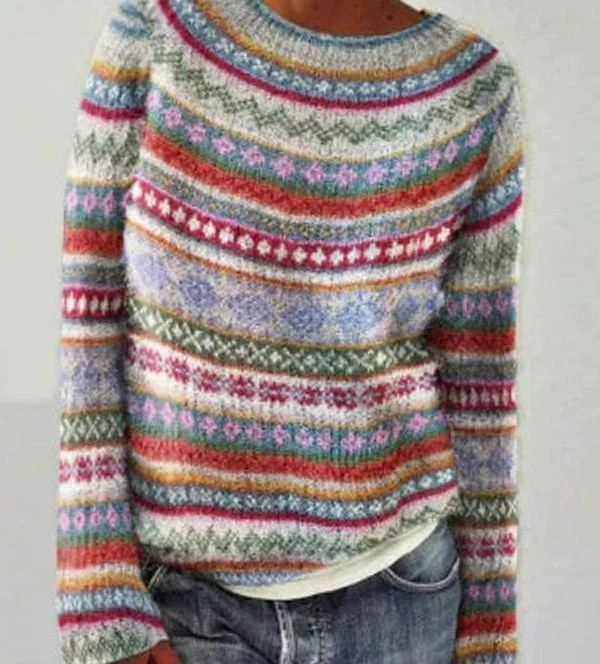 Hannah | Damen Strickpullover mit Buntem Muster für den Alltag Rundhalsausschnitt