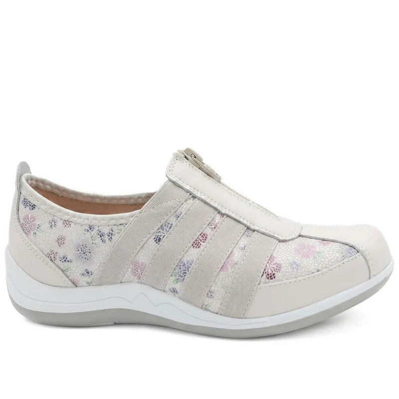 Casual Zip Up Leather Trainers - BRK26003 / 310 512 - Light Grey Floral