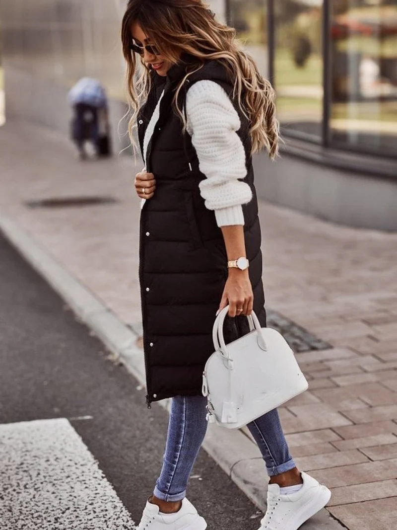 Sophie | Damen Puffer Vest Knielange Steppweste mit Kapuze Ärmellos