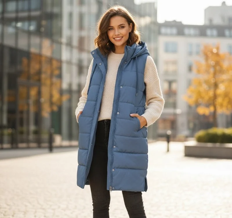 Sophie | Damen Puffer Vest Knielange Steppweste mit Kapuze Ärmellos