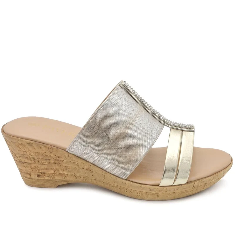 Wide Fit Stretchy Mule Sandals - CLUBS43007 / 329 808 - Gold