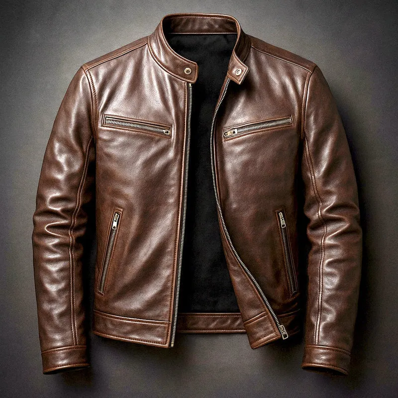 Simon | Herren Vintage Biker Lederjacke Reißverschluss Vier-Taschen-Design