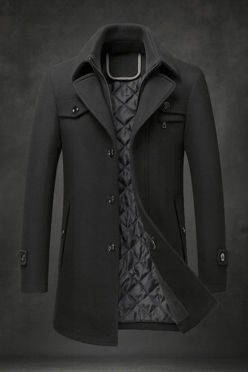 Fabian | Herren Wollmantel Slim Fit Doppelkragen Wärmeisolierter Wintermantel