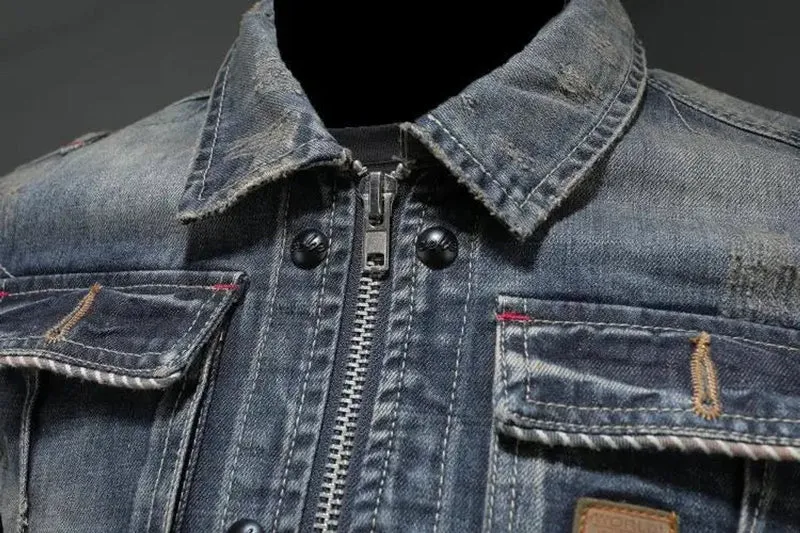 Simon | Herren Retro Vintage Denim Jacke mit Reißverschluss Used-Look