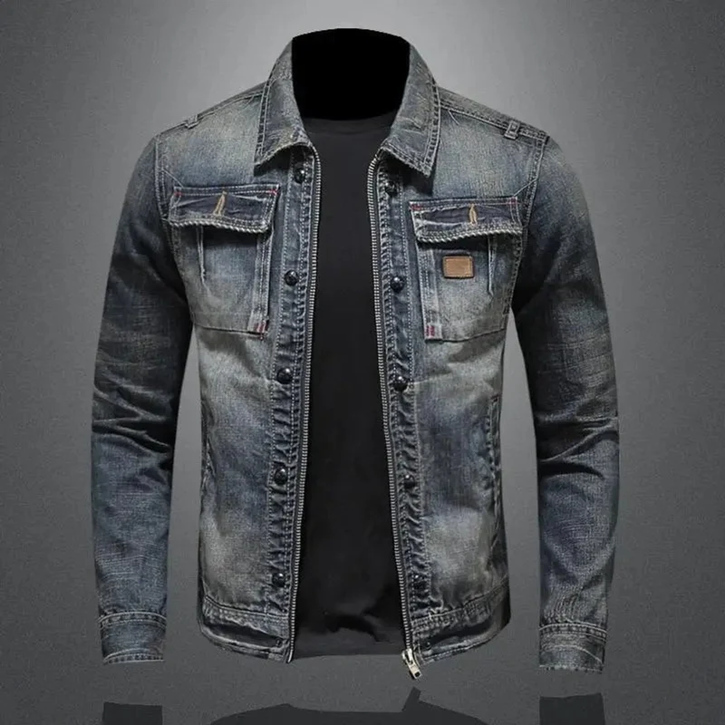 Simon | Herren Retro Vintage Denim Jacke mit Reißverschluss Used-Look